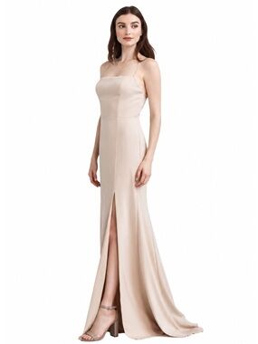 Amsale Nude Beige Spaghetti Strap Maxi Evening Gown